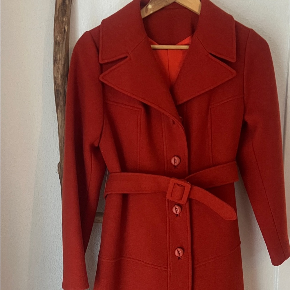 Vintage 70s Young Miss Rust Orange Brick Red Wool Trench Coat with Belt Small - Picture 3 of 9